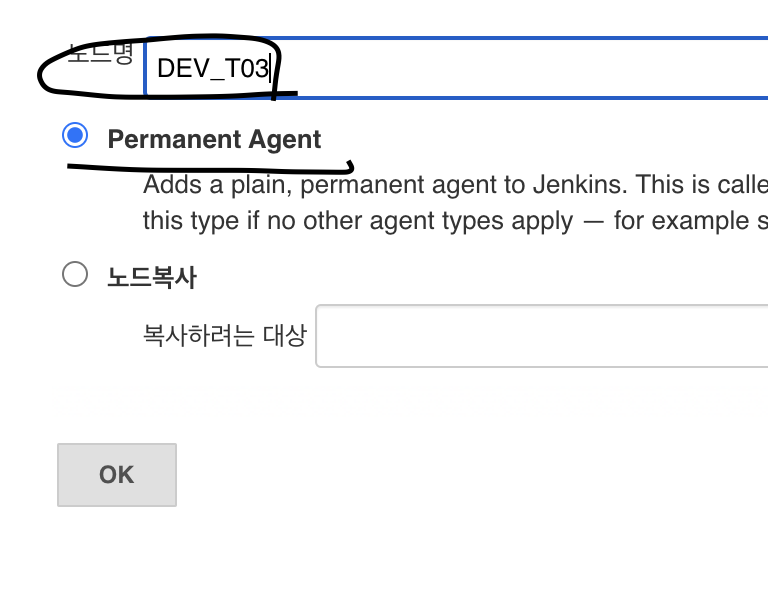 노드명에 DEV_T03 을 입력하고 Permanent Agent 를 선택한 화면