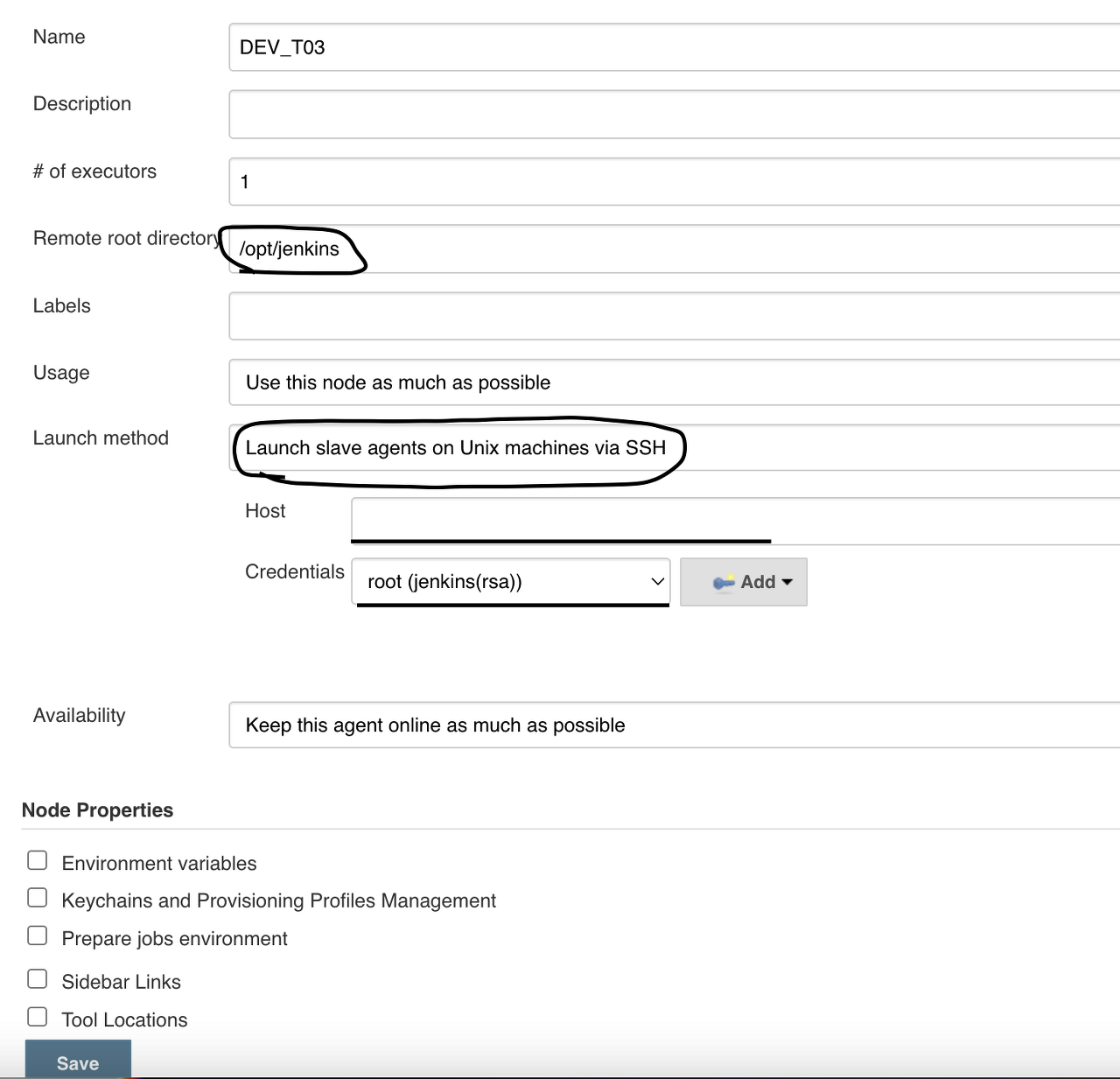 노드 설정 화면. Remote root directory 는 /opt/jenkins, Launch method 는 SSH 로 지정되어 있다