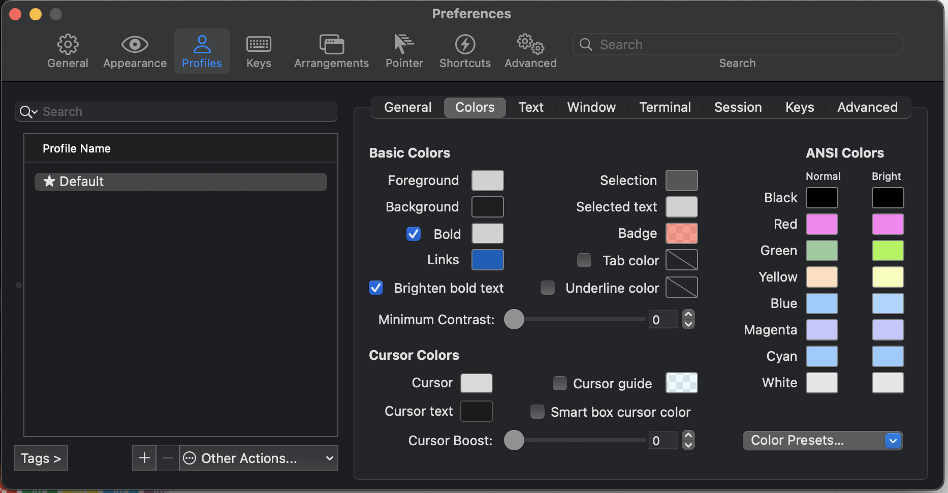 iTerm2 Preferences 의 Profiles → Colors 탭. 오른쪽 아래에 Color Presets 버튼이 있다